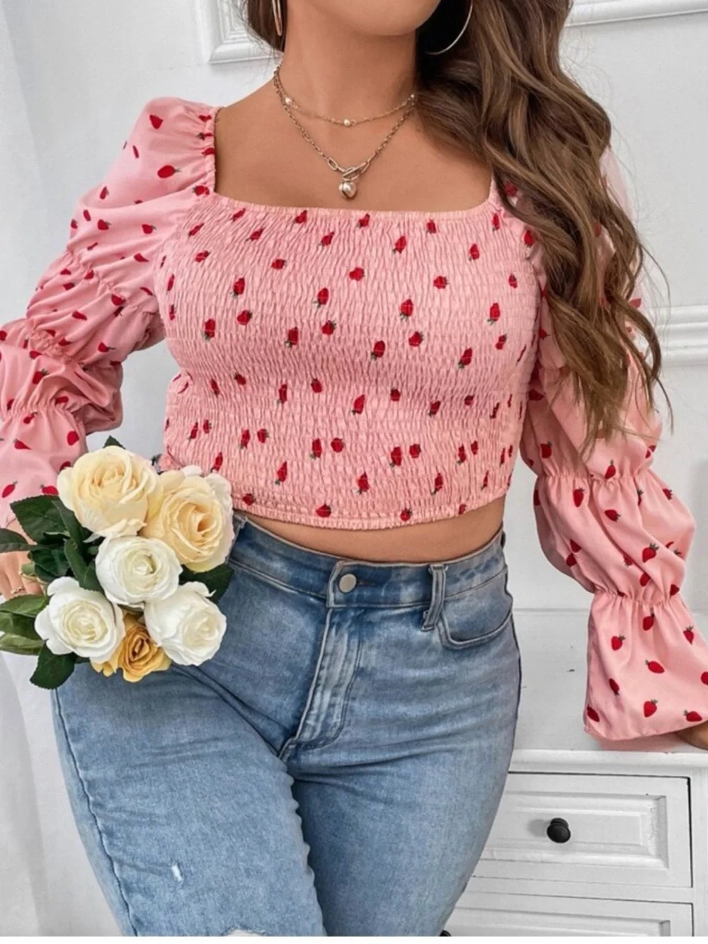 Pink Strawberry Smocked Square-Neck Crop Top plus size by SHEIN - Picture 5 of 13